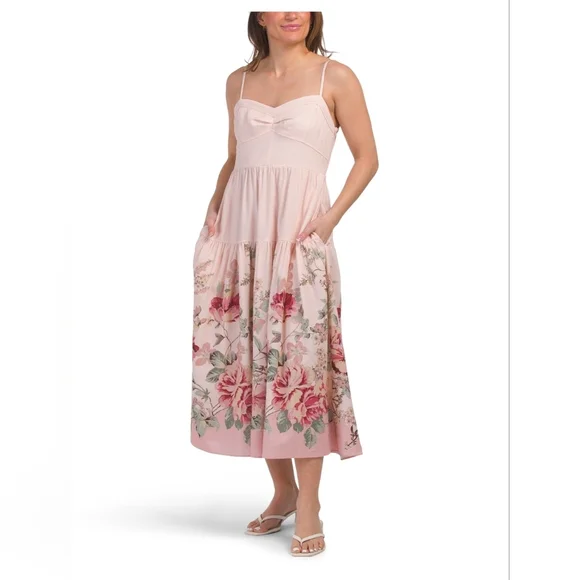 Calypso St. Barth Pink Multi Linen BlendFloral Border Print Maxi  Dress